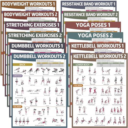 gisgfim 12 Retro Workout Posters for Home Gym Fitness Exercise Charts | dumbbells, bodyweight, stretching, resistance bands, yoga and kettlebells; 17 x 12.6 in, glossy front laminate - color: Retro