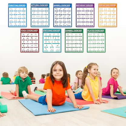 9Pcs Exercise Poster Set Workout Chart Posters Dumbbell Kettlebell Yoga Stretching Pilates Resistance Bands Stability Ball Body Weight Dumbbell Physical Educational Fitness Decoration for Home Gym