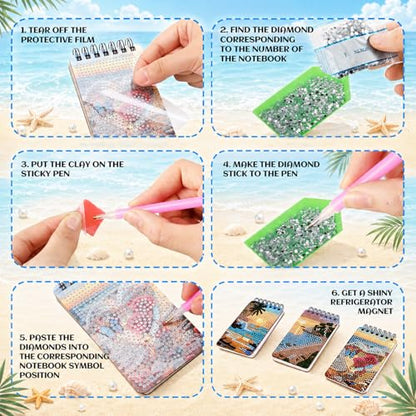 Fuyoooo 12 Pcs Beach Diamond Art Notebook Kits for Adults, 4.72 x 2.83 Inch | Ocean Beach Diamond Art Notebook, DIY Cover Notebook Diamond Painting for Beginners, 5d Journal Art Notepad Accessories - style: Beach