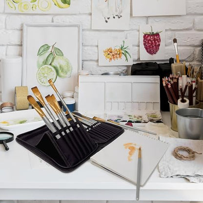 MyArtscape 15 Taklon Paint Brushes with Travel Holder - Short Handle | 15 Taklon paint brushes for acrylic watercolour oil gouache and face painting with travel holder and short handles