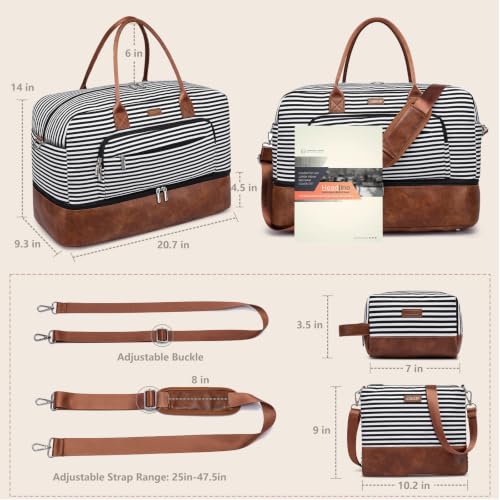Large Women Travel Weekender Bag: Carry on Duffle with Shoe Compartment | Overnight Duffel Bags with Wet Pocket, Crossbody & Toiletry Bag, 3PCS Womens Traveling Tote Set for Hospital Gym Weekend Trip - color: 01 Black Striped
