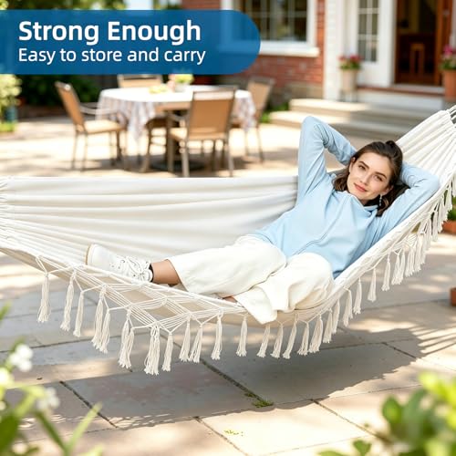 Brazilian Style Double Hammock with Fringe, 2 Person Patio Hammock for Backyard & Indoor Relaxation, Soft Breathable Fabric, Easy Setup with Straps & Carry Bag, 360 lbs Capacity - color: White
