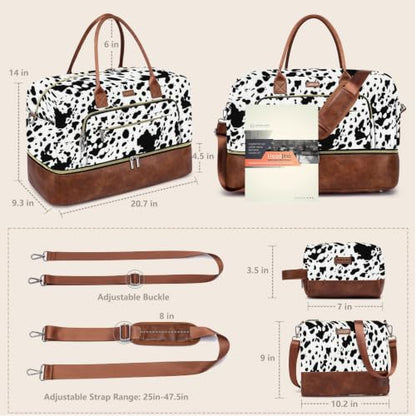 Large Women Travel Weekender Bag: Carry on Duffle with Shoe Compartment | Overnight Duffel Bags with Wet Pocket, Crossbody & Toiletry Bag, 3PCS Womens Traveling Tote Set for Hospital Gym Weekend Trip - color: Black Cow Print