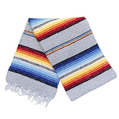 Striped Mexican Baja Blanket - Handmade Serape Throw in Soft Durable Woven Cotton Blend - Great for Beach, Yoga, Camping, Festivals and Home (Grey Sol (Grey)) - color: Grey Sol (Grey)