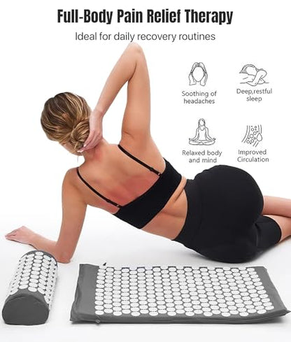 ROMIX Acupressure Mat and Pillow Set, Acupuncture Mat for Back Pain, Neck, Shoulder Pain Relief, Stress Reduction, Wellness Therapy, Cushioned Acupressure Mats with Carry Bag for Men and Women - color: Grey