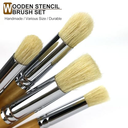 Stencil Brush Set, 6Pcs Natural Hog Bristle Stencil Brushes for Painting | stencil brushes with flat and dome hog bristles for stenciling, chalk paint, wax, wood signs, furniture, walls and DIY crafts