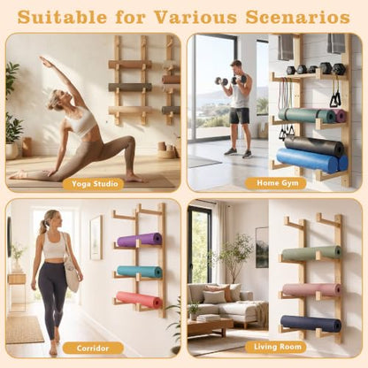 4-Tier Wooden Yoga Mat Holder Wall Mount, Yoga Mat Rack for Home Gym