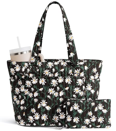 Bagstellar Quilted Tote Bag for Women Teacher Nurse Cotton Laptop Work Tote | Top Zip Closure Puffer Nursing School Travel Tote Bags with 40oz Cup Holder, Lightweight 14” Computer Shoulder Handbag Purses - color: Black Daisy