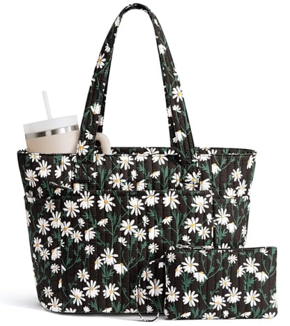 Bagstellar Quilted Tote Bag for Women Teacher Nurse Cotton Laptop Work Tote | Top Zip Closure Puffer Nursing School Travel Tote Bags with 40oz Cup Holder, Lightweight 14” Computer Shoulder Handbag Purses - color: Black Daisy