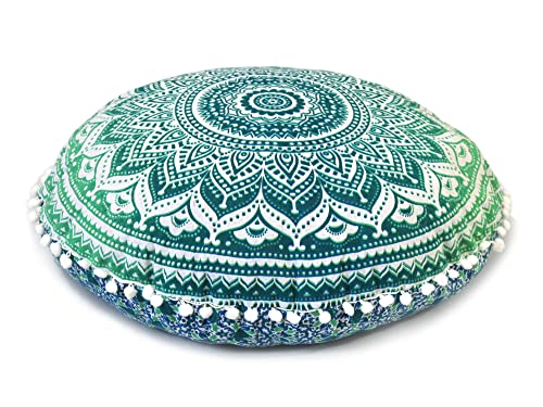 CRAFT KALA 22" IN Round Mandala Floor Pillow Cushion Cover Seating Throw Cover Hippie Decorative Bohemian Ottoman Poufs Cover Pom Pom Pillow Cases Boho Indian Cotton Living Room Home Décor Green Ombre - color: Green Ombre