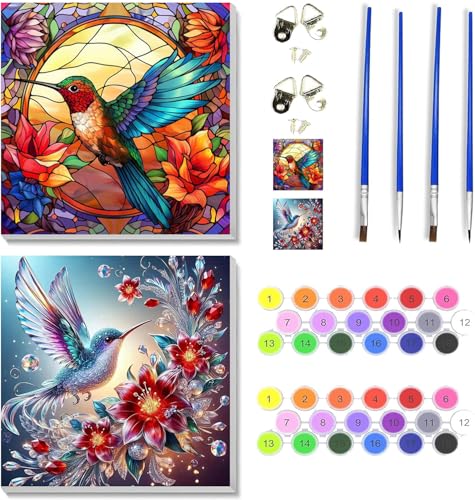 VIGEGU 2 Pack Hummingbird Paint by Numbers Kit for Adults with Framed, Flower Paint by Number DIY Adult Paint by Number Kits for Wall Decor 10x10in - color: 2 Pack Fall Paint by Numbers-0723-8