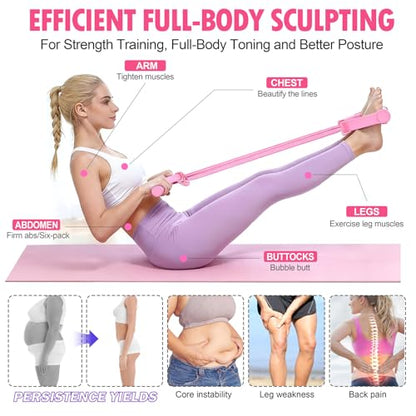 Foot Pedal Resistance Bands with Handles, 8-Tube Adjustable Multifunction Elastic Yoga Exercise Bands, Home Gym Fitness Equipment for Women & Men to Tone Abs, Core, Leg, Arm, Waist (Multi-Pink)