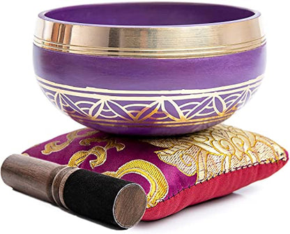 Tibetan Singing Bowl Set - Authentic Handcrafted Mindfulness Meditation Holistic Sound 7 Chakra Healing Gift by Himalayan Bazaar (Purple-Magenta) - color: Magenta Purple