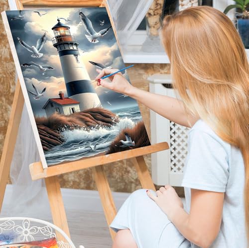 Bowetile Framed Paint by Numbers Lighthouse for Adults Beginners, Adults' Paint-by-Number Landscape Kits, Easy Adult Paint by Number Kits on Canvas, Acrylic Number Painting for Home Decor, 8x12in - color: Lighthouse, landscape