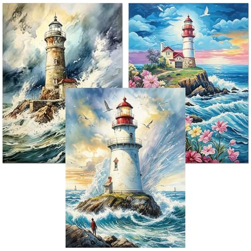 3 Pack Lighthouse Diamond Art Kit for Adults 12x16inch Coastal Scenes | Diamond Painting Kits for Adults-5D DIY Full Round Drill Diamonds Gem Art Set for Home Wall Decor - color: Lighthouse