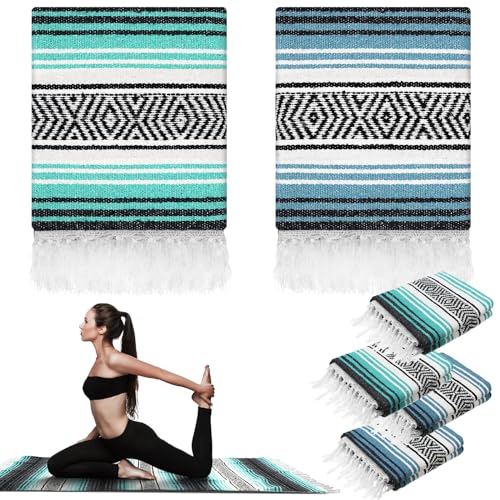 Preboun 4 Pcs Large Mexican Yoga Blanket Pack 45 x 70 Inch Thick Woven Camping Picnic Beach Car Travel Throw Blanket Outdoor Patio Mat Towel - color: Sky Blue, Light Green