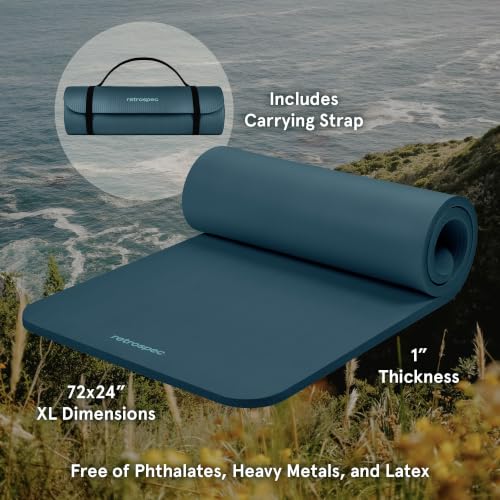 Retrospec Solana Yoga Mat 1" Thick w/Nylon Strap for Men & Women - Non Slip Exercise Mat for Home Yoga, Pilates, Stretching, Floor & Fitness Workouts - color: Ocean Blue