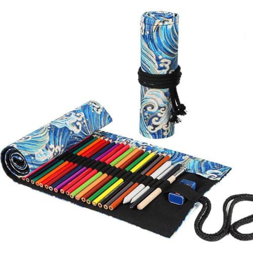 DIYOMR 24/36/72 Slots Pencil Wrap Pencil Rolls, Artist Colored Pencils Roll Up Bag Short Brushes Pouch Case Pencils Organizer for Drawing Coloring and Sketching, NO PENCILS (Blue Ocean, 72slots) - color: Blue Ocean, size: 72slots