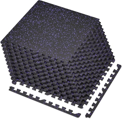 SUPERJARE 0.4'' Thick 12 Pcs 48 Sq Ft Rubber Top Exercise Equipment Mats, High Density EVA Foam Mats with Rubber Top, Interlocking Gym Flooring for Home Gym, Protective Workout Mat, Black/Purple - size: 12 Tiles (48 Sq Ft)