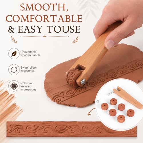 6 Pcs 3D Printed Clay Texture Rollers Clay Roller with Handle for Painting 6 Patterns Texture for Modeling Glaze Design Handle Pottery Tools Set for Artists Ceramics Art Creation Ceramic Modeling DIY