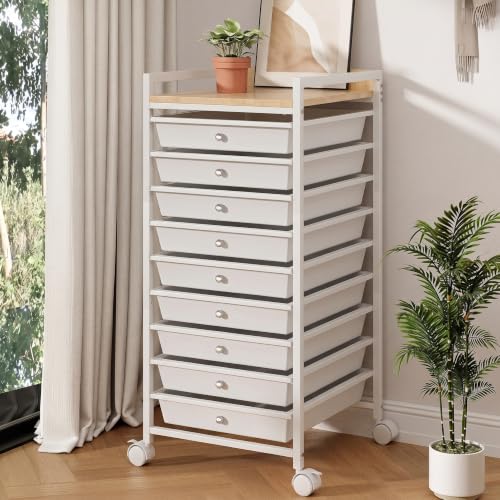 10 Tier Rolling Storage Utility Cart Organizers with 9 Drawers and Metal Fence Wooden Tabletop (White)
