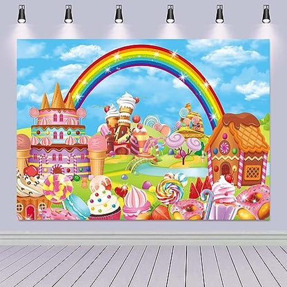 Candyland Theme Party Backdrop 8X6FT Cartoon Rainbow Lollipop Icecream Donut Sweet Candy Photography Background for Kid Adult Candy Party Decoration Banner Baby Shower Photo Props (94X70inch) - size: 8X6FT(94X70inch)