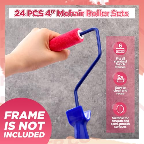 Leumoi 24 Pcs 4 Inch Mohair Paint Roller Covers 3/16" mini Shedding Resistant Small Painting Rollers Fits All Flat Surface Kitchen Cabinets, Doors, Tables, Works with All Paints and Stain (Pink) - color: Pink
