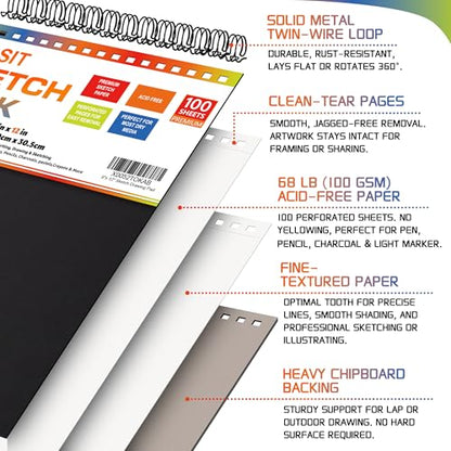 KLASIT 9"x12" Sketch Book,Top Spiral Sketchbook,100 Sheets(68lb/100gsm) | Acid-Free Drawing Paper Pad,For Painting,Sketching,Professional Art Supplies,Adults,Artists And Beginners