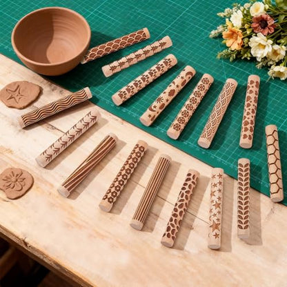 UNICRAFTALE 16Pcs 16 Styles Wooden Clay Texture Rollers Set for Pottery Ceramics Potters Stamp Roller Tools Modeling Pattern Rollers Kit 10.2cm Textured Rolling Pins for DIY Handmade Art Supplies