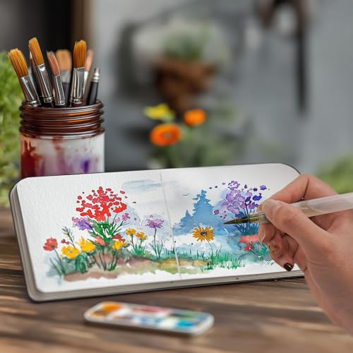 Watercolor Journal Sketchbook 3.5x5.5 24 Sheets Navy Blue | Cotton paper, 140 LB 300 GSM, Linen cover, Tap Water Pen, Travel sketching - color: Navy Blue, size: 3.5x 5.5 Inch