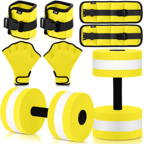 Hollowfly 6 Pcs Water Aerobics Equipment Set Full Body Pool Exercise Kit, 2 Aqua Dumbbells, 2 Adjustable Ankle/Wrist Weights, 2 Webbed Swim Gloves, Low Impact Aquatic Workout Gear - color: Yellow, size: 1lb
