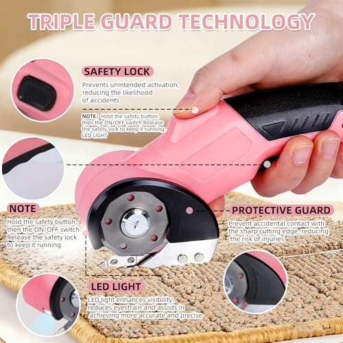 Cordless Electric Scissors, 4.2V 2000mAh Mini Rechargeable Cardboard Rotary Cutter, Effortless Cutting with LED Light & Safety Lock 2 Blades Box Cutter for Fabric Carpet Carton Plastic Leather Cloth