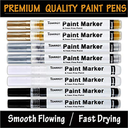 White Paint Pen, 8 Pack 0.7mm Acrylic Paint Pens with 2 White 2 Black 2 Gold 2 Silver Permanent Marker for Wood Rock Fabric Metal Plastic Ceramic Acrylic Markers Extra Fine Tip