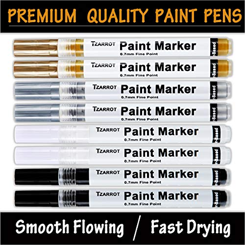 White Paint Pen, 8 Pack 0.7mm Acrylic Paint Pens with 2 White 2 Black 2 Gold 2 Silver Permanent Marker for Wood Rock Fabric Metal Plastic Ceramic Acrylic Markers Extra Fine Tip