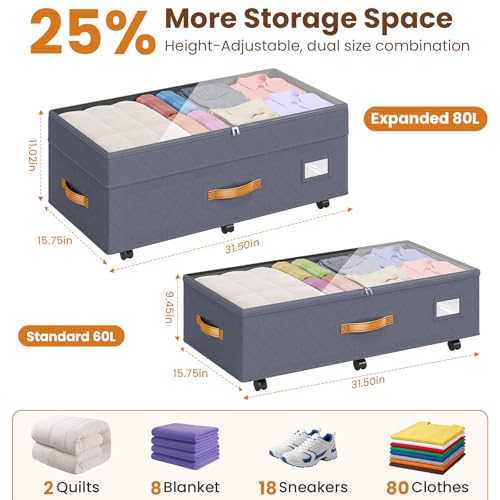 Budding Joy 80L 2 Pack Adjustable Under Bed Storage Containers with Wheels - color: Grey