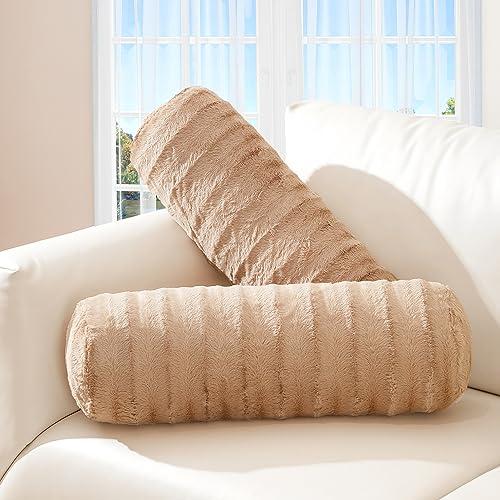 Cheer Collection Faux Fur Bolster Pillows – Soft Decorative Cylinder Pillows for Bed or Couch, Machine Washable – 8” x 24”, Set of 2, Sand - color: Sand