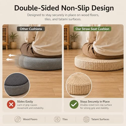 19.7" Round Tatami Floor Pillow, Handwoven Natural Straw Seat | Artisan Crafted, EPE Filling, Comfortable Support, Boho, Lightweight, for Livng Room Meditation Reading Nook Patio - size: 19.7''