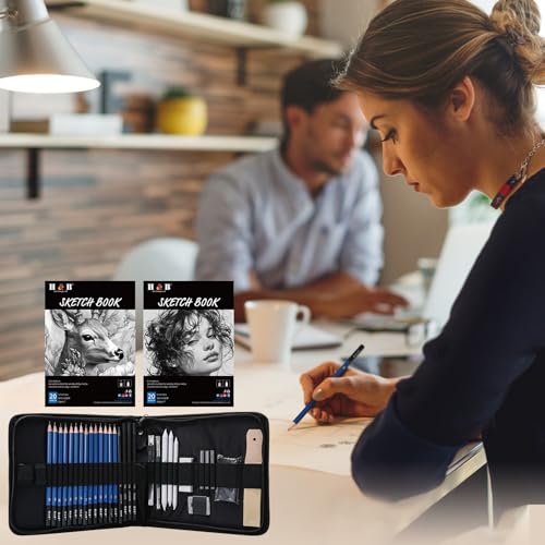 H & B 36 Pack Drawing Set Sketch Kit,Sketching Supplies with 2 sketch pad, Graphite Pencils, Charcoal Sticks, Eraser, Pro Art Drawing Kit for Artists Beginner Adults, Ideal for Shading, Blending - size: 36 Piece Set