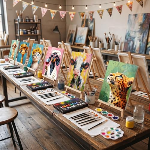 Ctosree 72 Pcs Flower Animal Paint and Sip Kit for Adults 8'' x 10'' Pre Drawn Canvas for Painting DIY Pre Printed Canvas for Party Favor Acrylic Painting Kit Wood Easel Brushes Date Night Bulk - style: Flower Animal