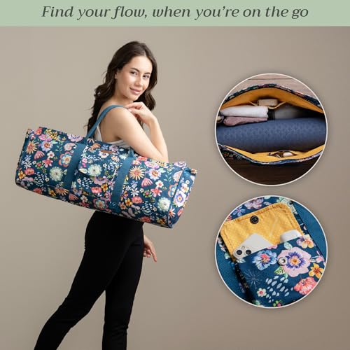 Maison d' Hermine Yoga Mat Duffle Bag Gym Tote Yoga Mat Carry Bag | Cylindrical bag for Woman Men Gifts Adjustable shoulder straps with Drawstring Water Bottle Pocket and zipper pocket - color: Happy Florals - Blue, style: Yoga Mat Tote