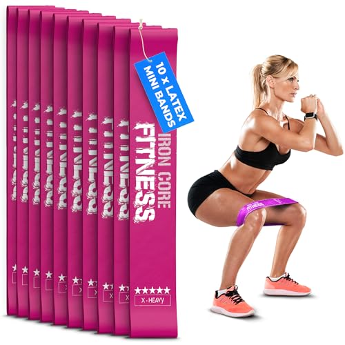Latex Mini Resistance Bands Sets for Trainers, Bootcamp, Gym for Men and Women in Fun Colors - Ebook, Videos and Workout Chart Included by Iron Core Fitness - color: #8 Raspberry, 10 x X-Heavy