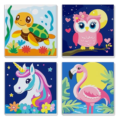 MXJSUA Framed 4 Pack Cute Animals Paint by Numbers Kit, DIY Paint by Number Kits for Kids Ages 6-12, Paint by Numbers Kits for Children Beginner, Acrylic Oil Painting for Home Wall Decor (8x8inch) - color: Animal-c