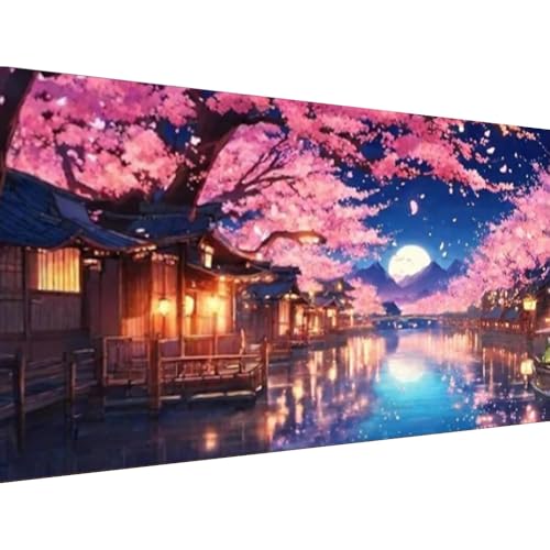 Flower Large Diamond Painting, Cherry Scenery with Moon Large Diamond Art Kits for Adults, Full Drill Round Big Diamond Painting Lake, DIY Gem Art and Crafts for Home Wall Decor Gift 27.5 X 15.7inch - color: 25-50 Lake cherry