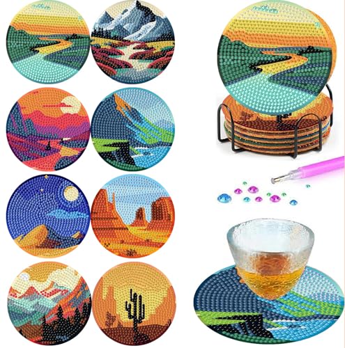 Mrnsiet 8PCS Landscape Diamond Art Coasters with Holder, DIY 5D Small Wooden Diamond Painting Coasters for Adults, Non Slip Mosaic Dot Painting Coaster with Cork Pads for Beginners 4x4 Inch - color: BDWY419-US