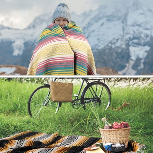 Preboun 4 Pcs Large Mexican Yoga Blanket Pack 45 x 70 Inch Thick Woven Camping Picnic Beach Car Travel Throw Blanket Outdoor Patio Mat Towel - color: Yellow, Blue, Orange Green, Pink Blue