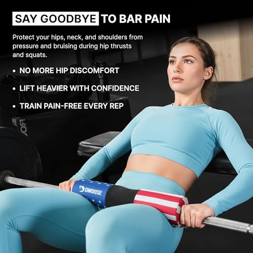 DMoose Fitness Barbell Pad for Hip Thrust, Squat & Lunges - Non-Slip Thick Foam Cushion for Neck and Back Support with Two Straps - Hip Thrust Pad for Leg Day - Fits All Olympic Bars and Smith Machine - color: American Covered