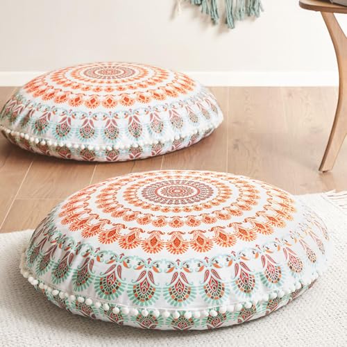 Codi Floor Pillows 2 Pack, Large Meditation Cushions for Adults, 32-inch | Oversized round seating for yoga & zen, Supportive shredded memory foam filling, Removable machine washable boho cover, Coral - color: Round | Coral, size: 2 Count (Pack of 1)