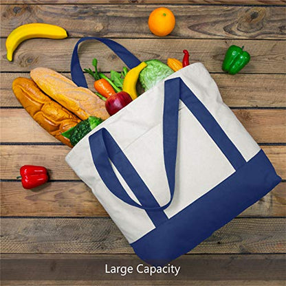 TOPDesign 1-Pack Canvas Tote Bag with an External Pocket, Reusable Grocery Shopping Bag, Top Zipper Closure, Daily Essentials (Blue/Natural) - color: Blue/Natural