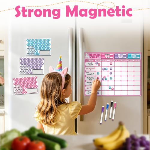 Magnetic Reward Chart for Kids, Customizable Dry Erase Weekly Chore Chart - size: 3 Kids-Unicorns