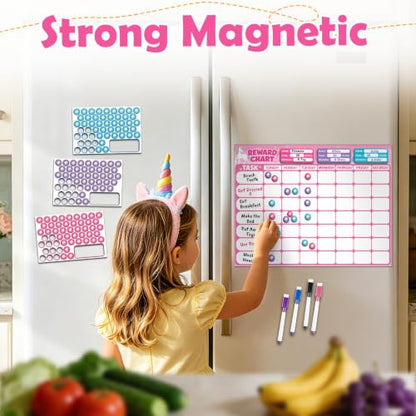 Magnetic Reward Chart for Kids, Customizable Dry Erase Weekly Chore Chart - size: 3 Kids-Unicorns